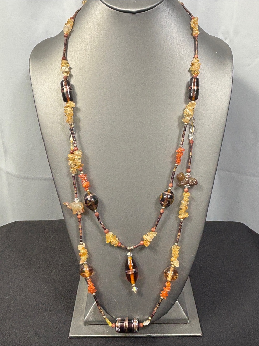 Handmade Beaded Necklace Lampwork Beaded Citrine Carnelian Rooster Pig Charm 28"
